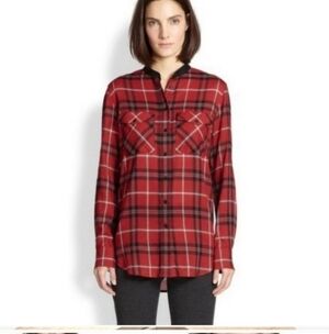 Vince Black & Red Plaid Button  Blouse Lamb Leather Trim Collar Sz 12